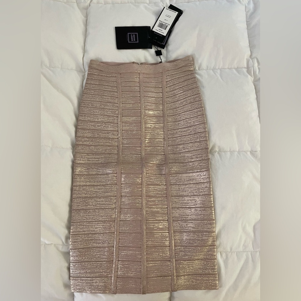 Herve Leger “Angeline” rose gold metallic foil skirt